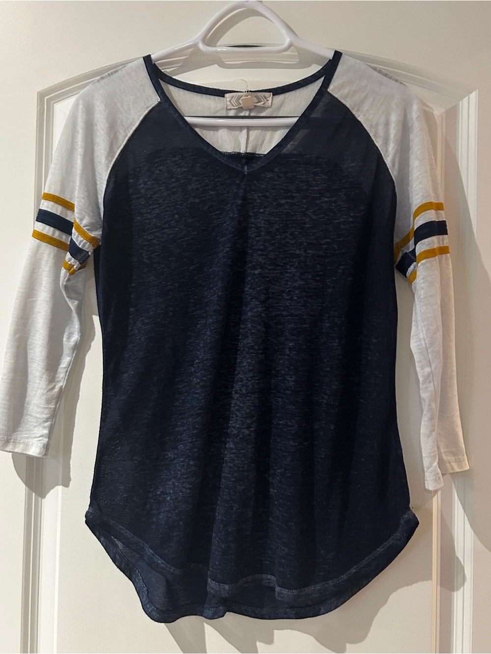 Women's Navy and White 3/4 Sleeve Top with Striped Accents